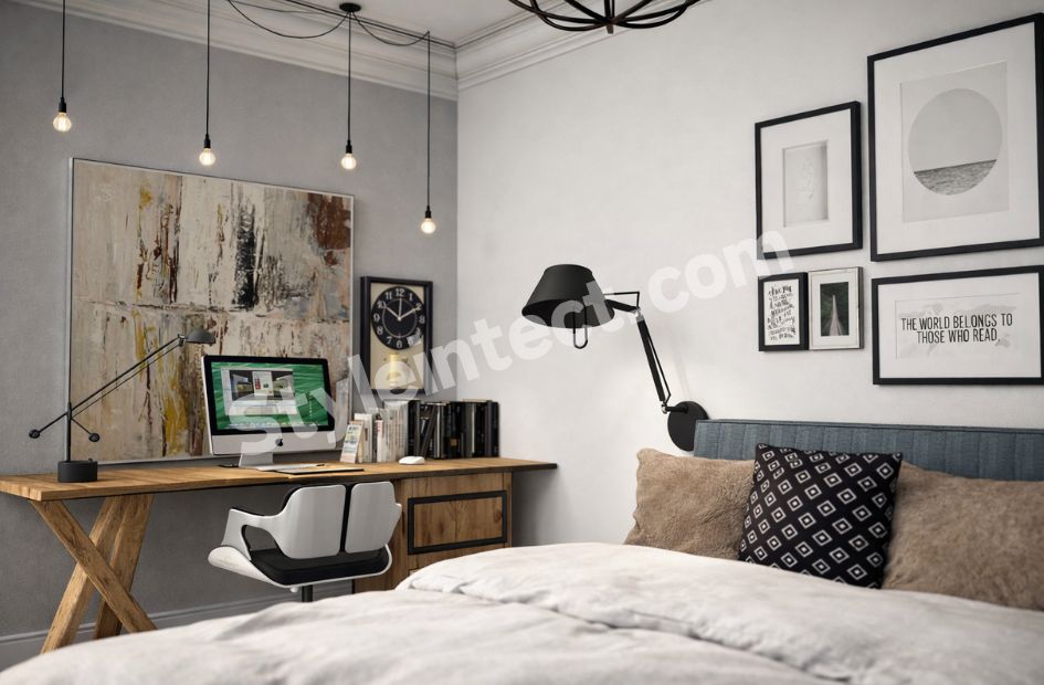 Modern Minimalist Bedroom Interior Design with a Functional Home Office Setup