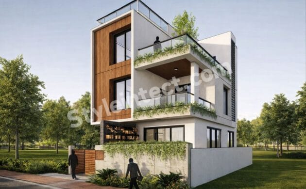 Modern House Exterior Design with Rooftop Terrace – Contemporary 3 Floor House Elevation for Urban Living