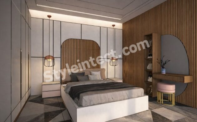 Modern Luxury Bedroom Interior Design with Elegant Wardrobe, Wooden Paneling, and Smart Space Planning