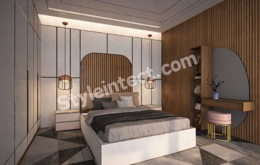 Modern Luxury Bedroom Interior Design with Elegant Wardrobe, Wooden Paneling, and Smart Space Planning