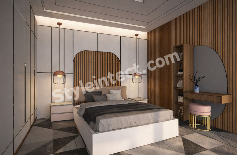 Modern Luxury Bedroom Interior Design with Elegant Wardrobe, Wooden Paneling, and Smart Space Planning