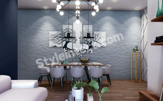 Modern Dining Room Interior Design with Textured Feature Wall, Statement Chandelier, and Contemporary Home Interiors