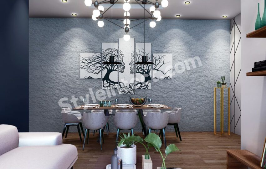 Modern Dining Room Interior Design with Textured Feature Wall, Statement Chandelier, and Contemporary Home Interiors