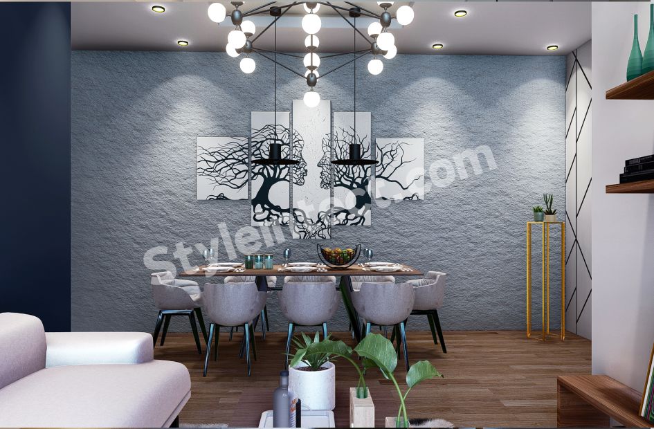 Modern Dining Room Interior Design with Textured Feature Wall, Statement Chandelier, and Contemporary Home Interiors