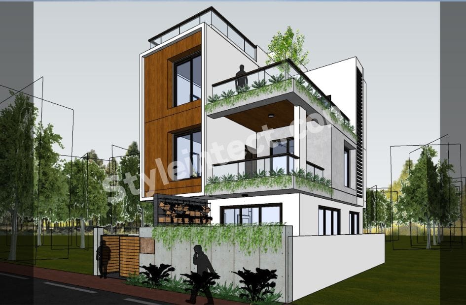 Modern House Exterior Design with Rooftop Terrace – Contemporary 3 Floor House Elevation for Urban Living