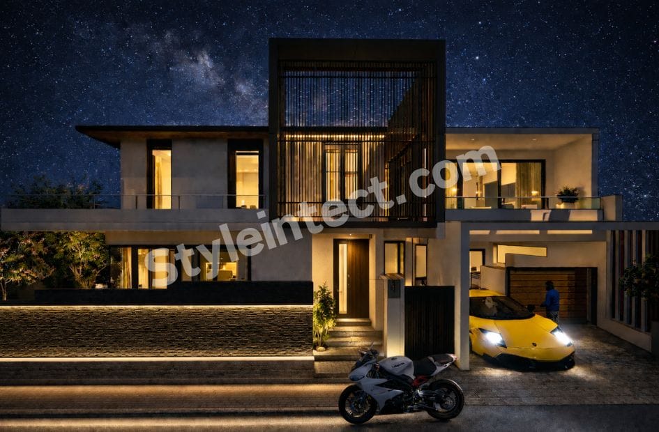 Affordable Architect Exterior Design – SkyFrame Modern Villa | Contemporary Two-Storey House Front Elevation Design