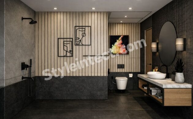 Modern Luxury Bathroom Interior Design with Wood Slat Walls and Matte Black Fixtures