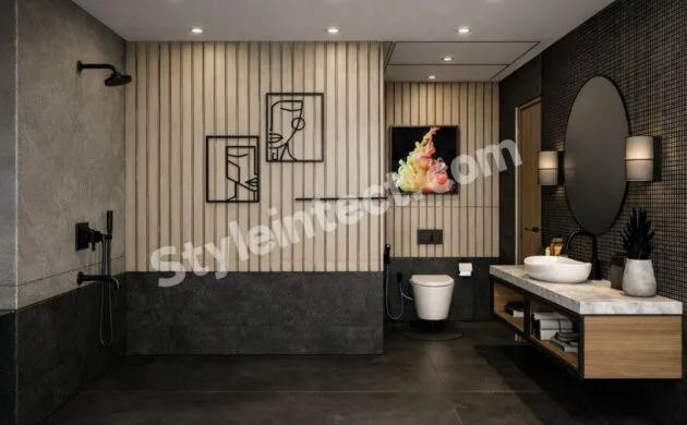 Modern Luxury Bathroom Interior Design with Wood Slat Walls and Matte Black Fixtures
