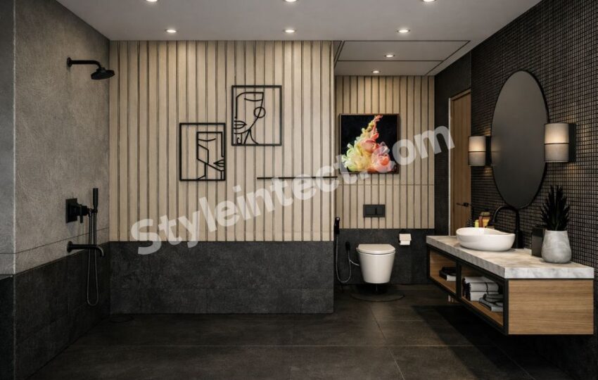 Modern Luxury Bathroom Interior Design with Wood Slat Walls and Matte Black Fixtures