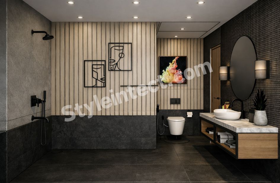 Modern Luxury Bathroom Interior Design with Wood Slat Walls and Matte Black Fixtures