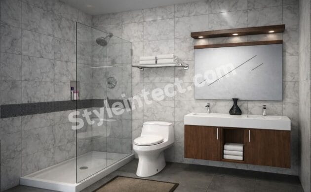 Modern Marble Bathroom Interior Design with Floating Vanity and Glass Shower Enclosure