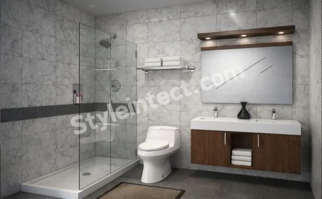 Modern Marble Bathroom Interior Design with Floating Vanity and Glass Shower Enclosure