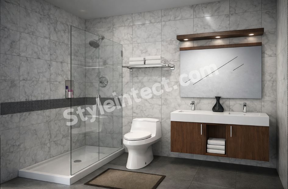 Modern Marble Bathroom Interior Design with Floating Vanity and Glass Shower Enclosure