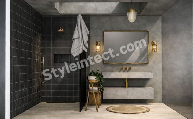 Modern Industrial Bathroom Interior Design with Dark Tiles and Floating Vanity