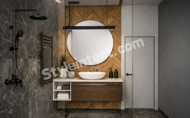 Modern Wooden Bathroom Interior Design with Glass Shower Enclosure and Luxury Stone Tile Finish