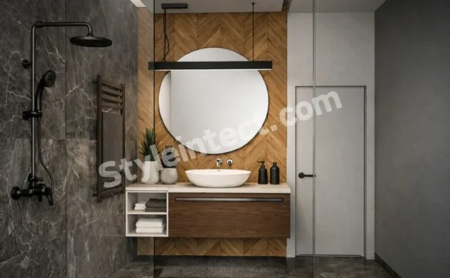 Modern Wooden Bathroom Interior Design with Glass Shower Enclosure and Luxury Stone Tile Finish