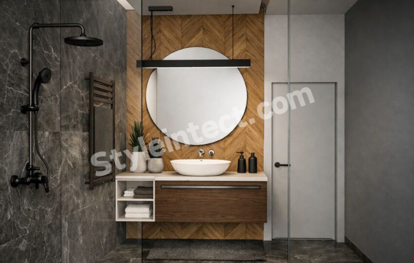 Modern Wooden Bathroom Interior Design with Glass Shower Enclosure and Luxury Stone Tile Finish