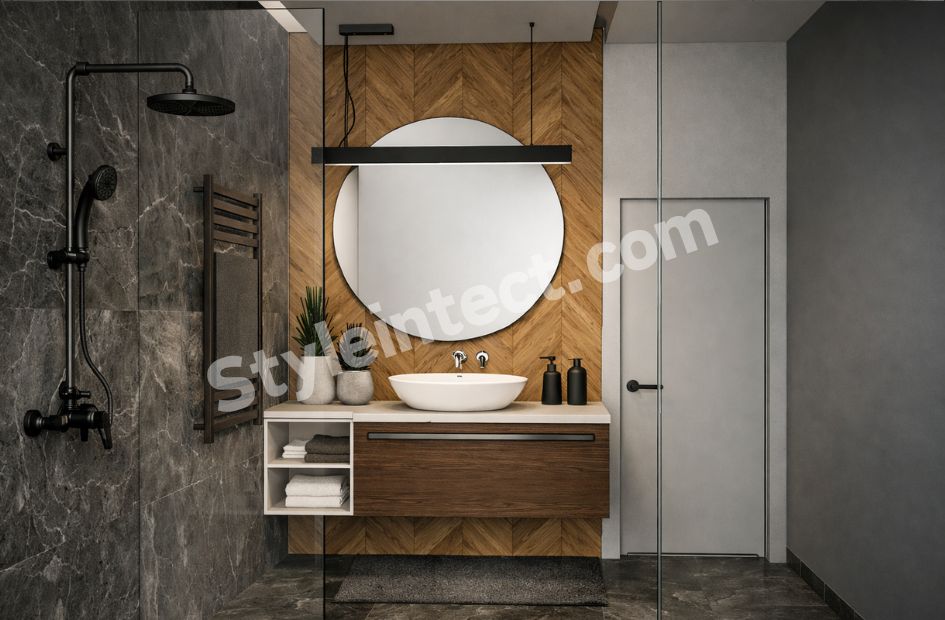 Modern Wooden Bathroom Interior Design with Glass Shower Enclosure and Luxury Stone Tile Finish