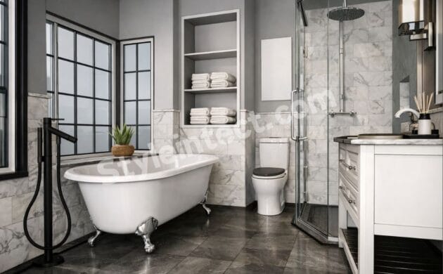 Modern Grey and White Luxury Bathroom Interior Design with Freestanding Bathtub and Glass Shower