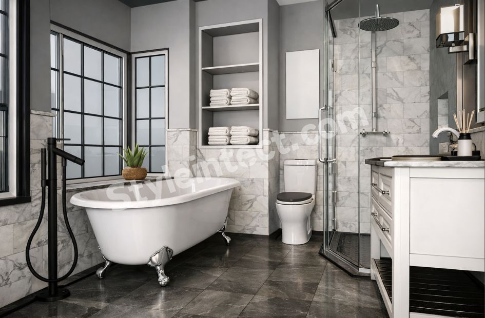 Modern Grey and White Luxury Bathroom Interior Design with Freestanding Bathtub and Glass Shower