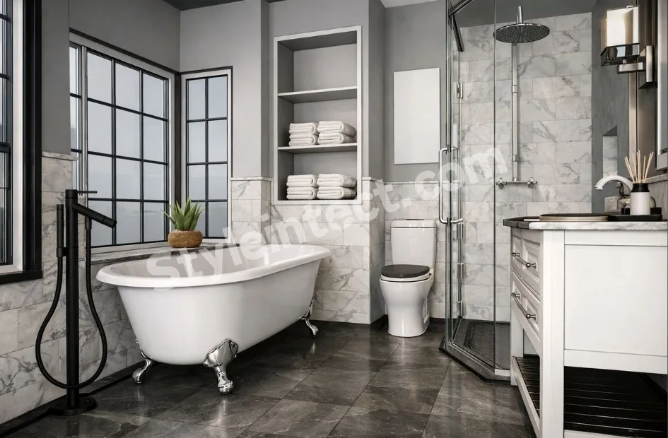 Modern Grey and White Luxury Bathroom Interior Design with Freestanding Bathtub and Glass Shower