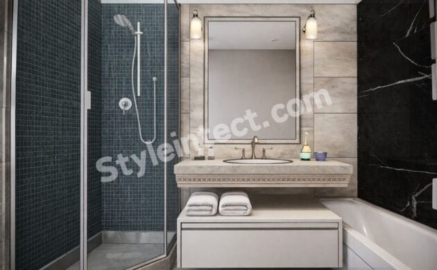 Modern Grey and Black Bathroom Interior Design with Glass Shower Enclosure and Smart Space Planning