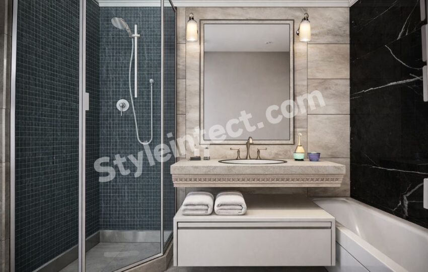 Modern Grey and Black Bathroom Interior Design with Glass Shower Enclosure and Smart Space Planning