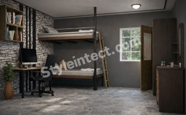 Modern Industrial Bedroom Interior Design with Smart Bunk Bed Storage and Workspace