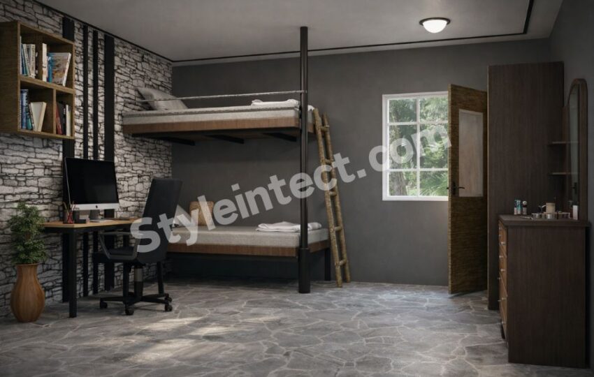 Modern Industrial Bedroom Interior Design with Smart Bunk Bed Storage and Workspace