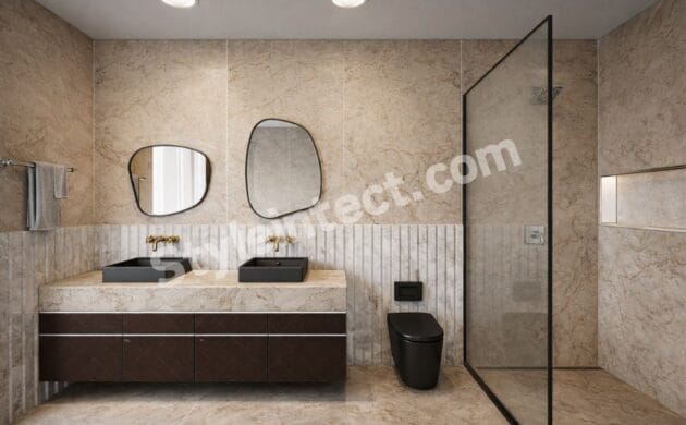 Modern Luxury Bathroom Interior Design with Double Vanity, Glass Shower & Premium Marble Finish