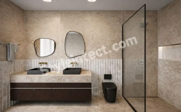 Modern Luxury Bathroom Interior Design with Double Vanity, Glass Shower & Premium Marble Finish