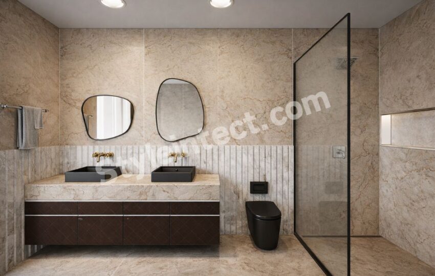 Modern Luxury Bathroom Interior Design with Double Vanity, Glass Shower & Premium Marble Finish