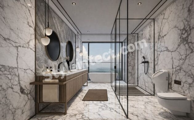 Luxury Marble Bathroom Interior Design with Frameless Glass Shower and Floating Wooden Vanity
