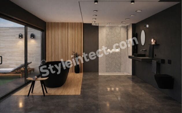 Modern Luxury Bathroom Interior Design with Freestanding Bathtub, Walk-In Shower, and Minimalist Contemporary Style