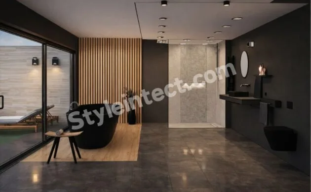 Modern Luxury Bathroom Interior Design with Freestanding Bathtub, Walk-In Shower, and Minimalist Contemporary Style