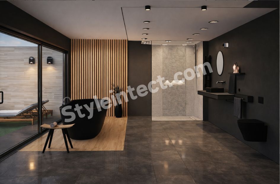 Modern Luxury Bathroom Interior Design with Freestanding Bathtub, Walk-In Shower, and Minimalist Contemporary Style