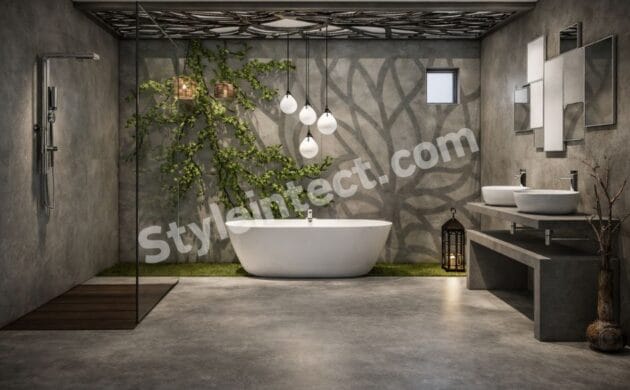 Luxury Modern Bathroom Interior Design with Glass Shower, Freestanding Bathtub & Nature-Inspired Elegant Decor