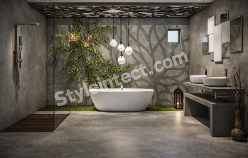 Luxury Modern Bathroom Interior Design with Glass Shower, Freestanding Bathtub & Nature-Inspired Elegant Decor