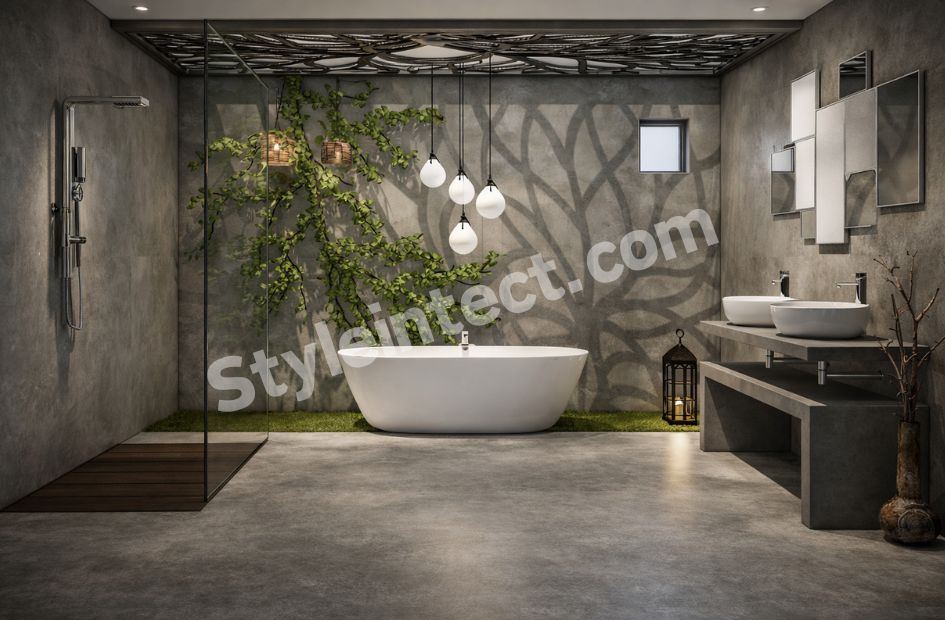 Luxury Modern Bathroom Interior Design with Glass Shower, Freestanding Bathtub & Nature-Inspired Elegant Decor