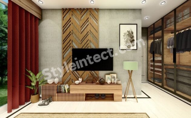 Modern Bedroom Interior Design with a Wooden TV Panel and Glass Wardrobe for a Stylish Luxury Home