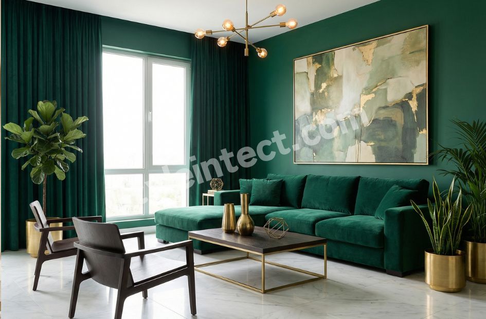 Modern Living Room Interior Design with Emerald Green Interiors and Luxury Home Interior Styling