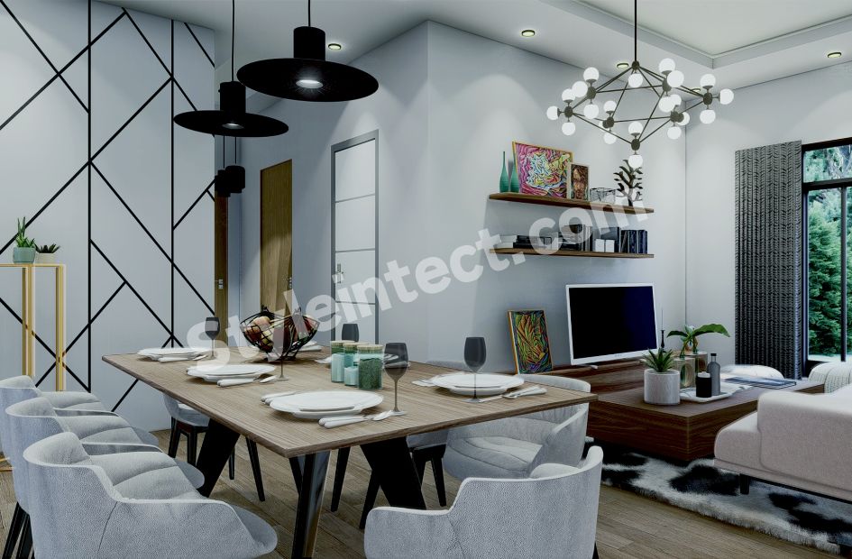 Modern Open-Plan Living Room and Dining Room Interior Design with Contemporary Lighting and Smart Space Planning