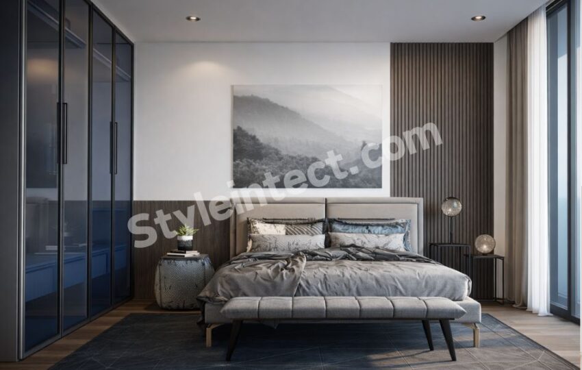 Modern Luxury Bedroom Interior Design with Floor-to-Ceiling Glass Wardrobe