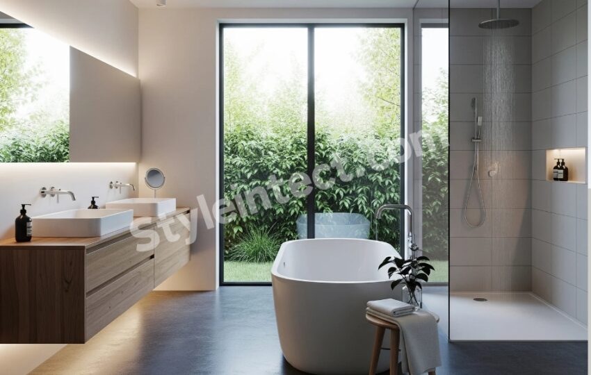 Modern Nature-Inspired Bathroom Interior Design with Floating Wood Vanity and Luxury Walk-In Shower