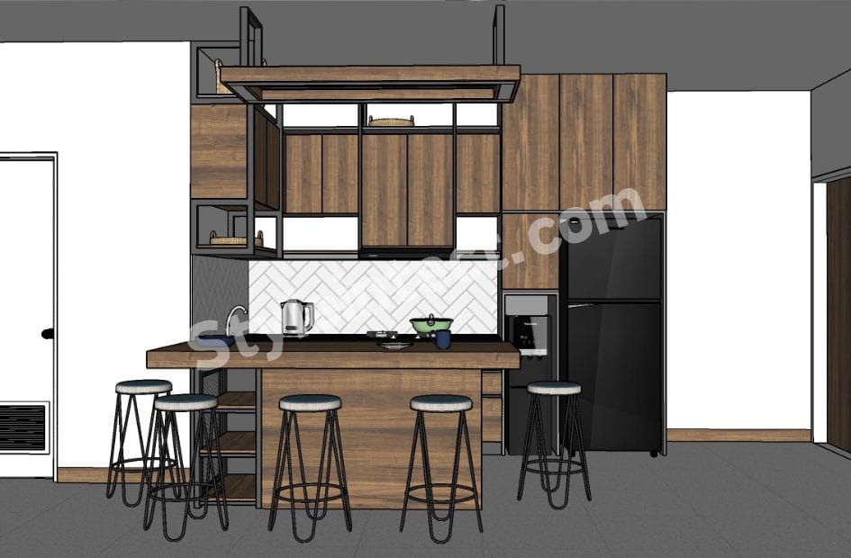 Modern Industrial Modular Kitchen Design with natural wood cabinets, central island, open shelving, black metal frame, and contemporary residential kitchen interior