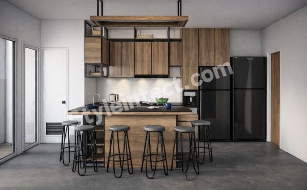 Modern Industrial Modular Kitchen Design with natural wood cabinets, central island, open shelving, black metal frame, and contemporary residential kitchen interior