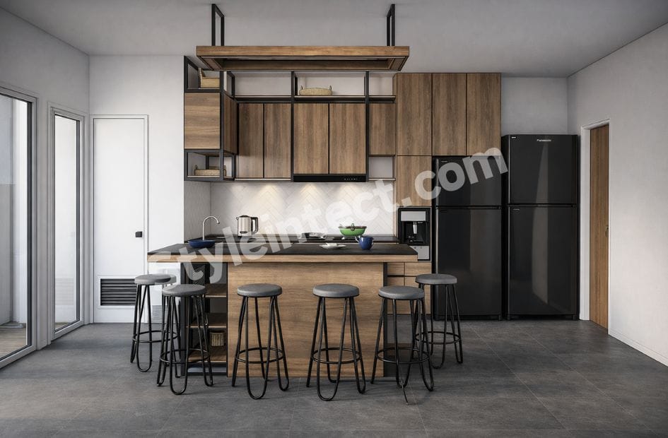 Modern Industrial Modular Kitchen Design with natural wood cabinets, central island, open shelving, black metal frame, and contemporary residential kitchen interior