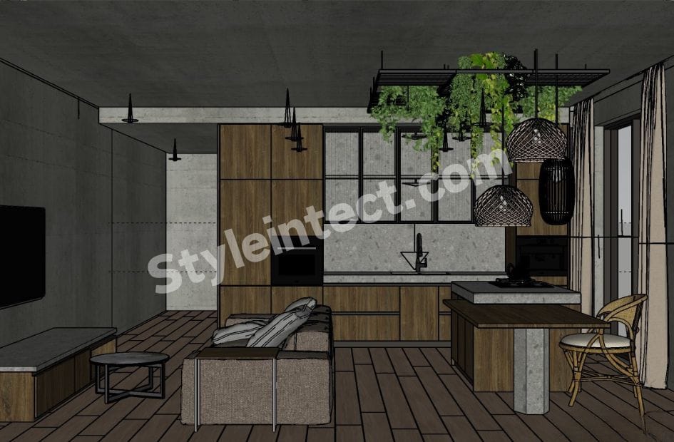 Modern Industrial Modular Kitchen Design with wooden cabinets, kitchen island, glass wall cabinets, grey concrete finish, pendant lights, and open-plan living space by StyleIntect.