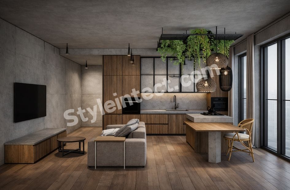 Modern Industrial Modular Kitchen Design with wooden cabinets, kitchen island, glass wall cabinets, grey concrete finish, pendant lights, and open-plan living space by StyleIntect.