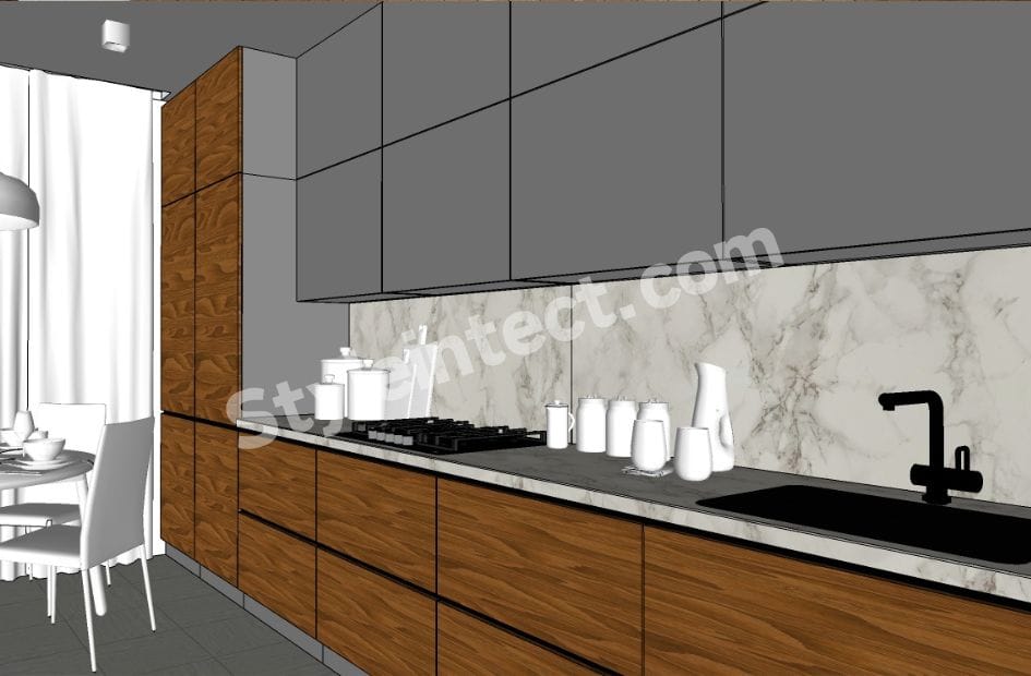 Modern modular kitchen design with parallel layout, grey upper cabinets, walnut wood base cabinets, marble backsplash, black sink, and integrated dining area